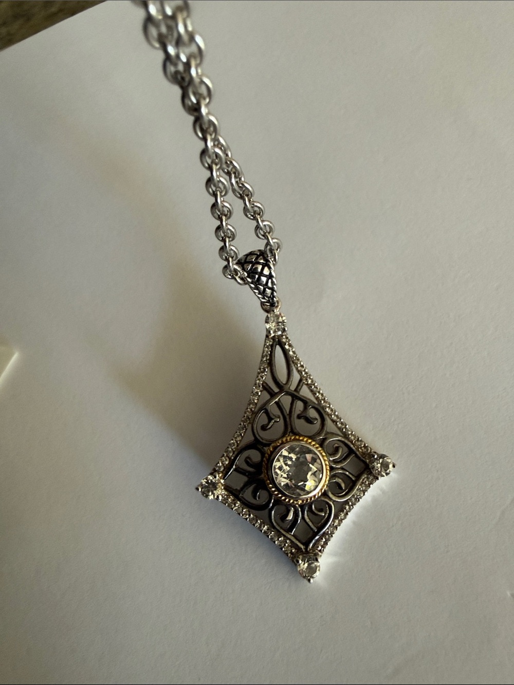 NWT. Andrea Candela 18k Gold Sterling Silver White Topaz Filigree Necklace